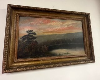 Antique Original Painting On Wood - Sunset At The Lake