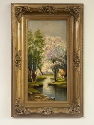 Mid Century Painting Homes On The River In Ornate Gilt Frame