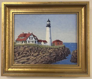 Vintage Painting Of New England Lighthouse And Home