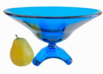 Vintage Hand Blown Art Glass Cobalt Blue Pedestal Bowl