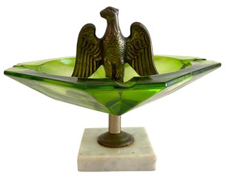 Vintage Green Crystal Pedestal Cigar Ashtray With Eagle