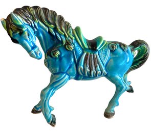 Vintage Majolica Ceramic Blue Glazed Saddled Horse  Statue