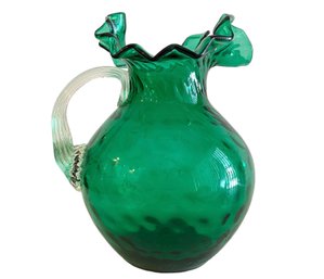 Vintage Fenton Ruffled Emerald Green Glass Inverted Thumb Print Pitcher