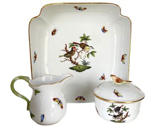 Herend Hand Painted Serving Bowl With Creamer And Sugar Bowl