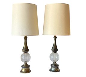 Pair Of Vintage Brass & Crackled Glass Table Lamps