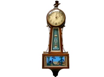 Antique New Haven Clock Co Winsome Banjo Style Wall Clock With Bird Finial