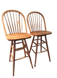 Pair Of Swivel-back Windsor Style Oak Stools