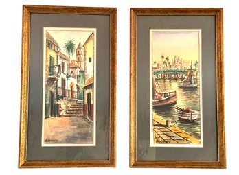 Pair Of Mid Century Signed Watercolor Paintings By A. Colomer