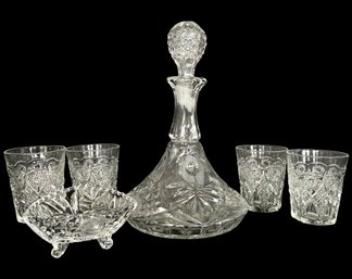 Mid Century Cut Crystal Decanter, Tumblers & Candy Dish