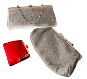 Two Metallic Evening Bags And One Wallet