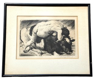 Signed Etching 'Nude Woman On Bull' By Philipp Franck (Germany 860-1944)