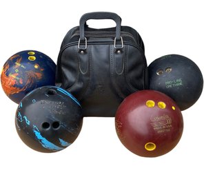 Four Vintage Bowling Balls & One Bag