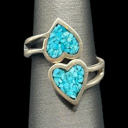 Vintage Sterling Silver Double Inlaid Turquoise Hearts Wrap Ring, Size 5.25