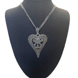 Gorgeous Italian Sterling Silver 4 Strand Necklace With Large Marcasite Heart Pendant