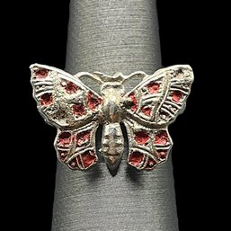 Vintage Sterling Silver Red Spotted Painted Butterfly With Hammered/Etched Band, Size 5.5