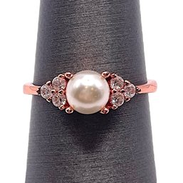 Beautiful Sterling Silver Rose Gold Vermeil Pearl Ring With Clear Stone Accents, Size 6.75