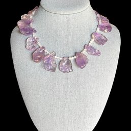 Beautiful Sterling Silver Large Amethyst Nugget And White Beaded Necklace