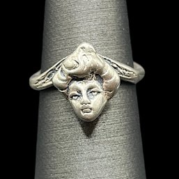 Vintage Sterling Silver Woman Face Spoon Ring, Size 4.75