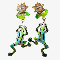 Vintage Sterling Silver Enamel Frog/lily Pad Earrings