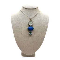 Vintage Italian Sterling Silver Round Snake Chain Necklace With Moonstone Lapis  Aquamarine Stone Pendant