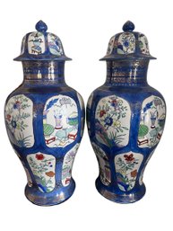 Pair Of Blue Chinoiserie Lidded Urns