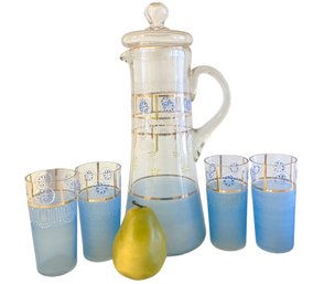 Vintage Frosted And Gold Painted Glass Lemonade Set