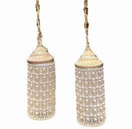 A Pair Of Mid Century Pressed Glass And Brass Pendent Lamps