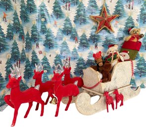 Vintage Santa With Sleigh Full Of Toys & Herd Of Reindeer