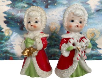 Pair Of 1950s Enesco Ceramic Caroling Girls