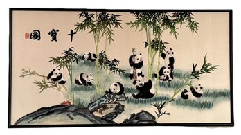 Lage Chinese Mixed Media Painting 'pandas' Embroidery & Ink 53' X 28'