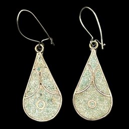 Vintage Mexican Sterling Silver Teardrop Dangle Earrings With Inlaid Blue/green And White Stone