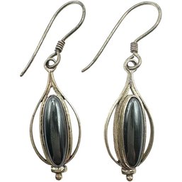 Vintage Sterling Silver Teardrop Dangle Earrings With Hematite Oval Stone Accents