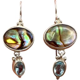 Sterling Silver Vermeil Oval Abalone And Aquamarine Gemstone Dangle Earrings