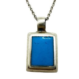 Vintage Sterling Silver Chain Necklace With Rectangular Electric Blue Stone Pendant Necklace