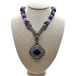 Beautiful Sterling Silver Beaded Necklace With Chunky Pendant And Amethyst Stone Accent