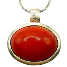 Italian Sterling Silver Snake Chain Necklace With Oval Carnelian Stone Pendant