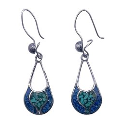 Vintage Mexican Sterling Silver Inlaid Crushed Turquoise And Lapis Teardrop Dangle Earrings