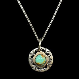 Vintage Italian Sterling Silver Turquoise Mandala Etched Pendant Necklace