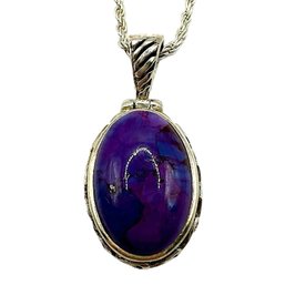 Vintage Italian Sterling Silver Rope Chain Necklace With Oval Amethyst Cabochon Pendant