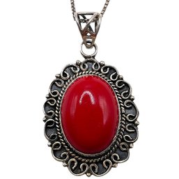 Vintage Italian Sterling Silver Box Chain Necklace With Carnelian Oval Floral Pendant