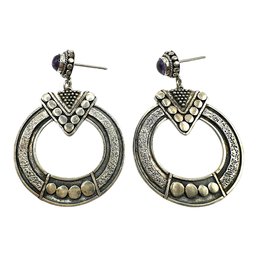 Vintage Sterling Silver Open Circle Dangle Earrings With Amethyst Accent Stones