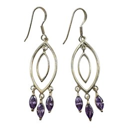 Vintage Sterling Silver Dangle Earrings With 3 Amethyst Gemstone Accents