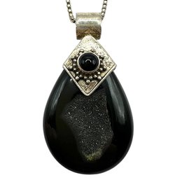 Vintage Italian Sterling Silver Box Chain Necklace With Chunky Black Onyx Teardrop Stone Pendant