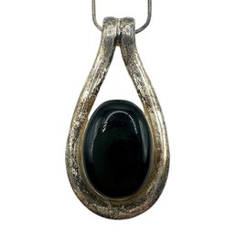 Vintage Italian Sterling Silver Snake Chain With Mexican Teardrop Black Onyx Pendant Necklace