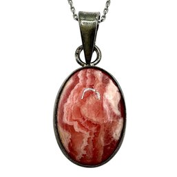 Italian Sterling Silver Cable Chain Necklace With Rhodochrosite Stone Pendant