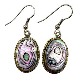 Vintage Alpaca Silver Oval Abalone Shell Dangle Earrings