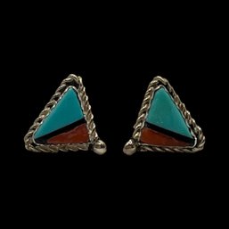 Vintage Native American Turquoise Coral Triangle Stud Earrings