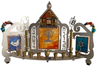Vintage Handcrafted Chanukah Menorah Glass Metal And Brass