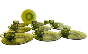 Vintage Thumb Print Green Glass Snack Set  For 10 (A)