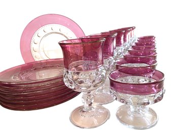 1950s Tiffan-Franciscan Cranberry 'King's Crown' Ruby Flashed Plates And Glassware Set -24 Pieces